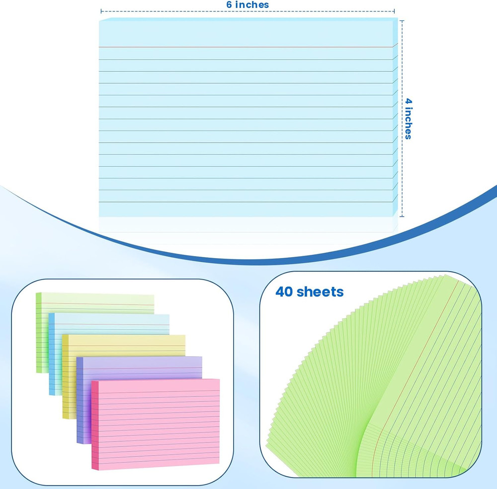 200 Count Index Cards 4x6 Inch, Colored Flash Card (40 Sheets Each), Note Taking
