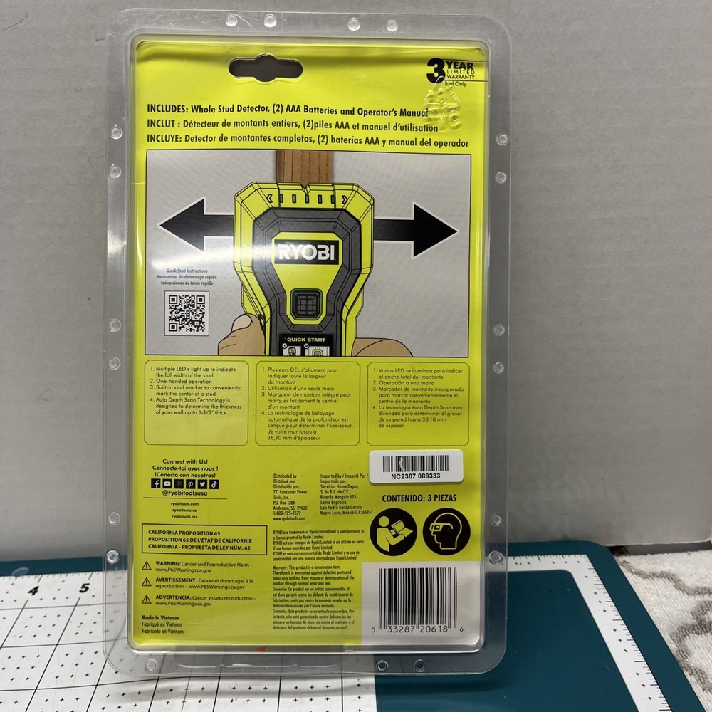 RYOBI Whole Stud Finder Auto Depth Scan Tech Hand-Held Multiple LED