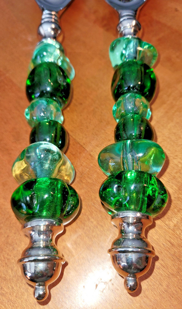 Silver Tone Salad Serving Spoon/Fork with Green Beaded Handles