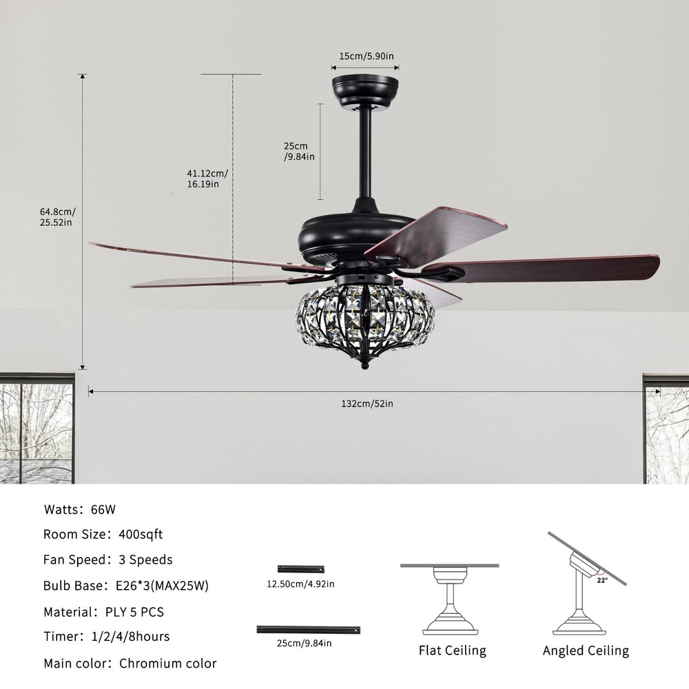 52'' Crystal Shade Ceiling Fan Lamp With Remote Control 3 Speed