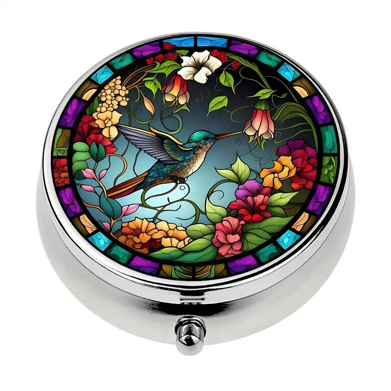 Hummingbird Pill Box Round Pill Box, 3 Compartment Mini Decorative Pocket Size