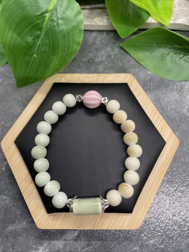 Handmade Ceramic Bead Beaded Stackable 6.5” Plus Stretch Bracelet New B289
