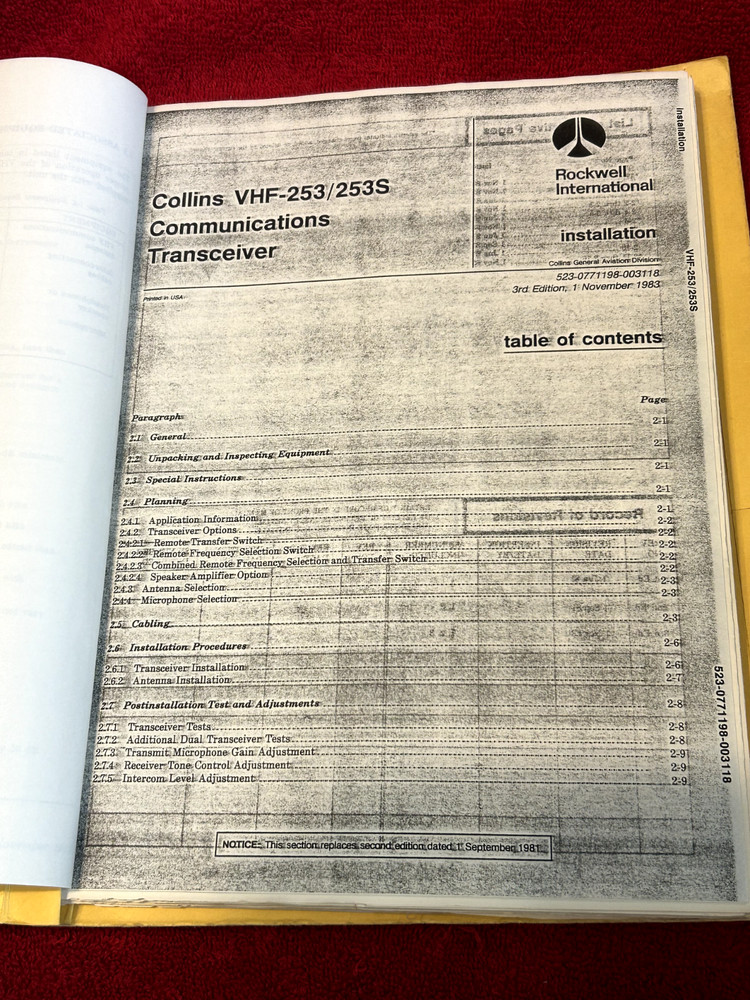 COLLINS VHF 253/253S COMM TRANSCEIVER INSTRUCTION BOOK