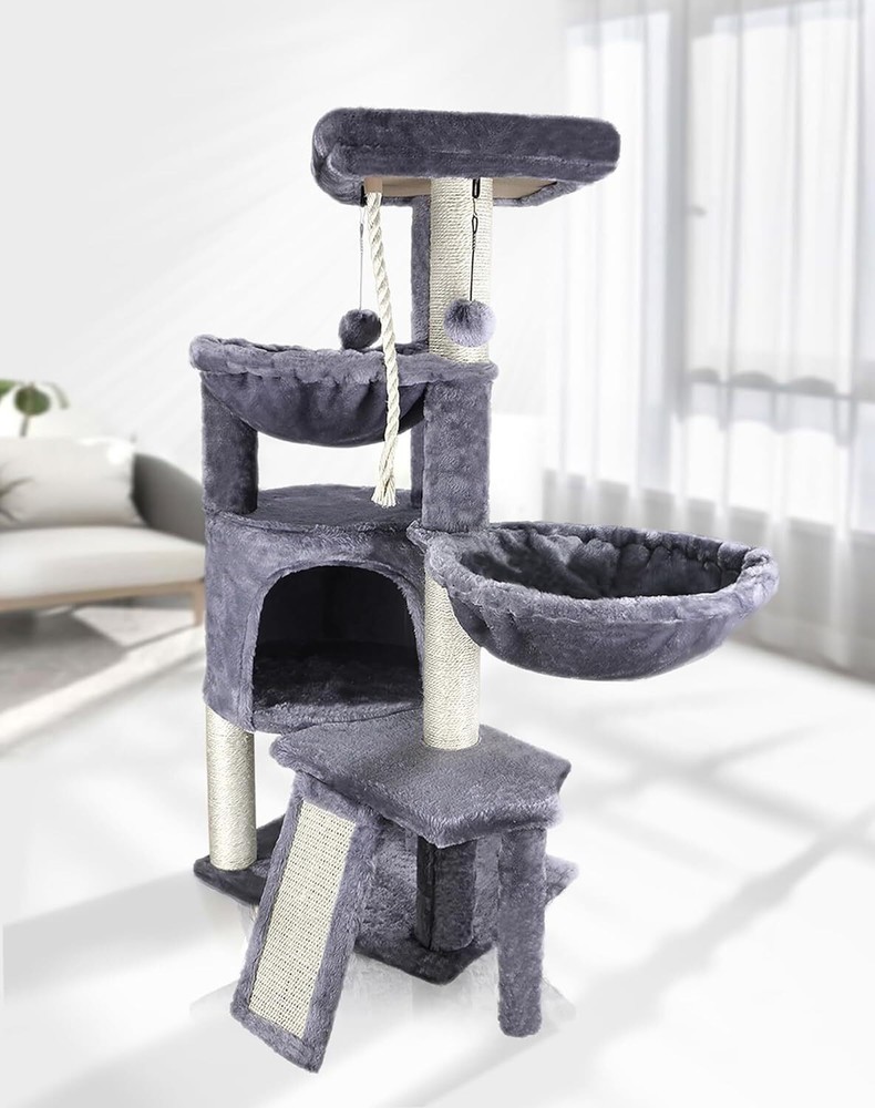 Three Layer Cat Tree with Cat Condo and Two Hammocks High Quality Faux Fur
