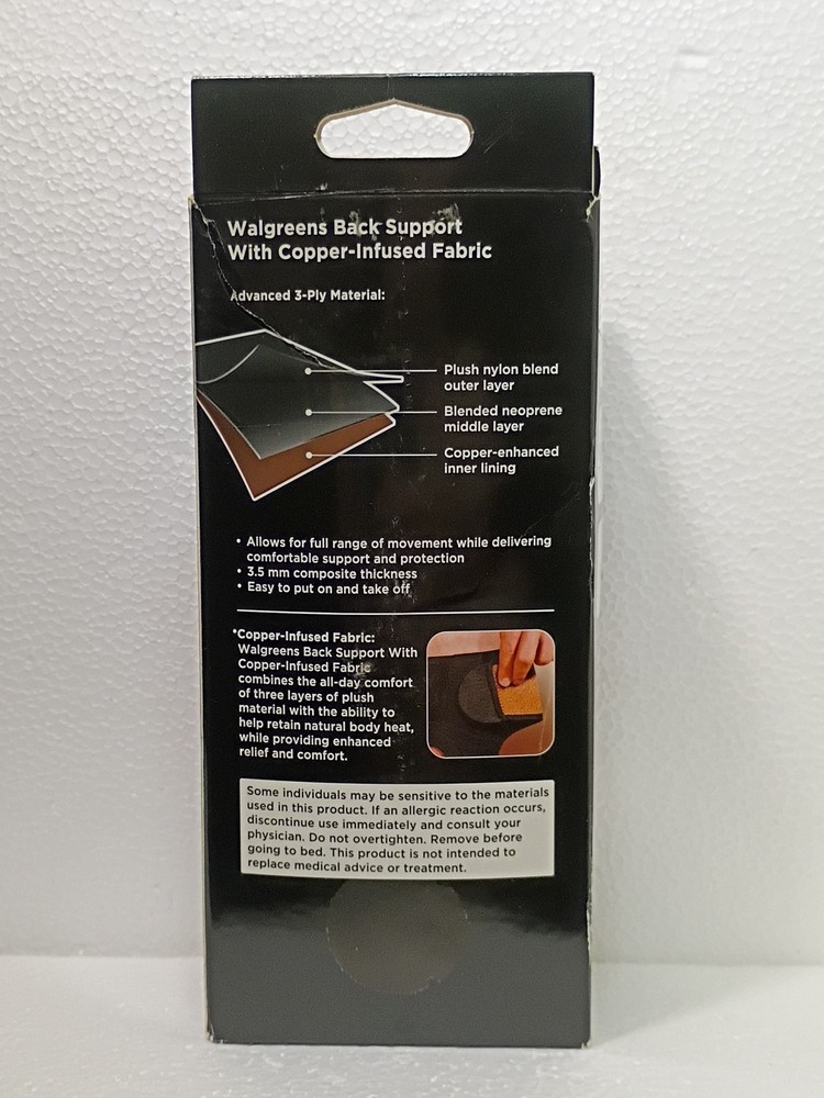 Walgreens Back Support w/Copper Infusion~Max Support~1 Size Fits Most~Flawed Box