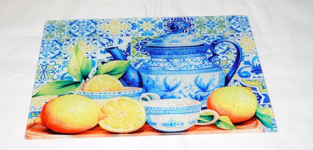Mediterranean Lemon Tea Pot Glass Cutting Board - Unique Kitchen Decor Gift