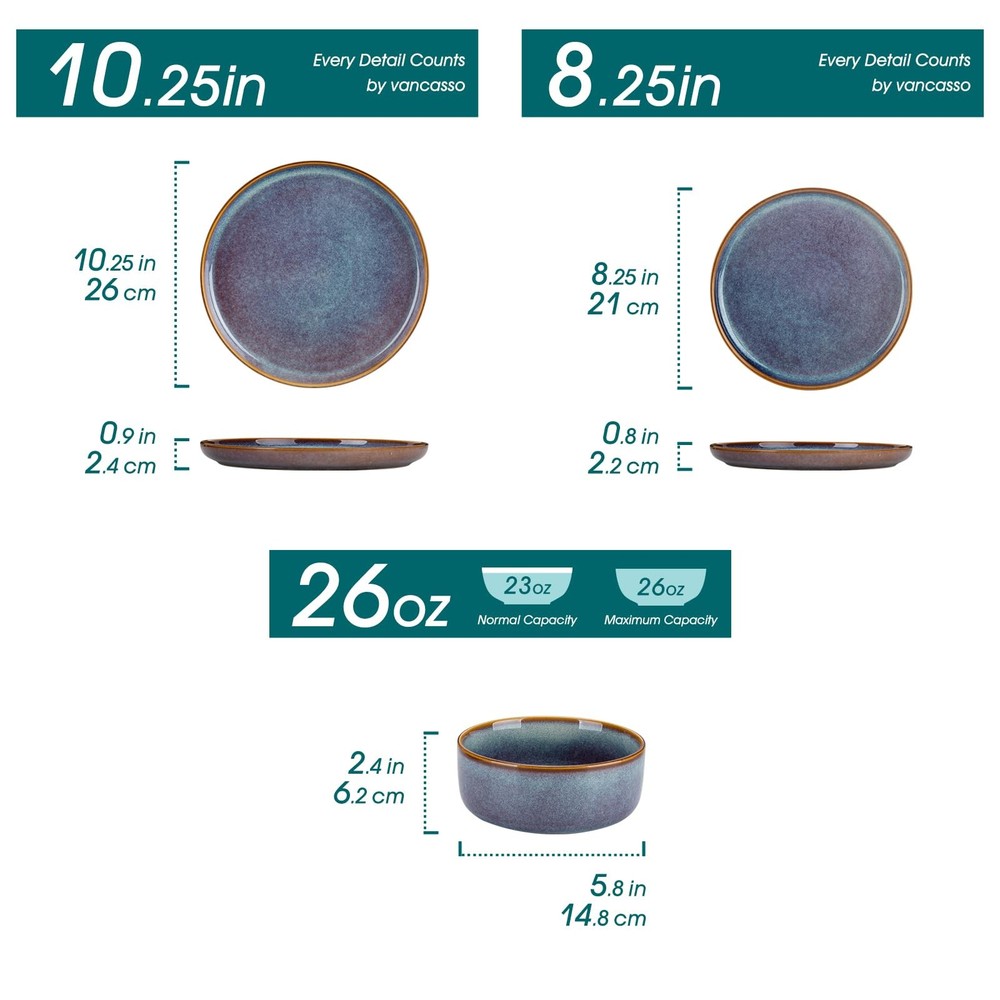PLAYA Plates and Bowls Sets, 12 Pieces Grey-Blue Dinnerware Sets for Kitchen,...