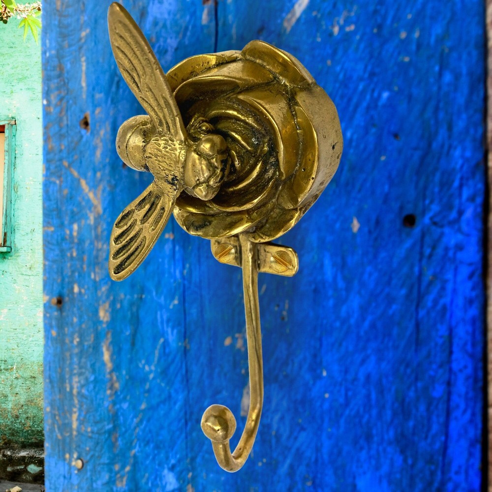 Rose and Bee Wall hook handmade solid brass coat hook gold metal Home decor