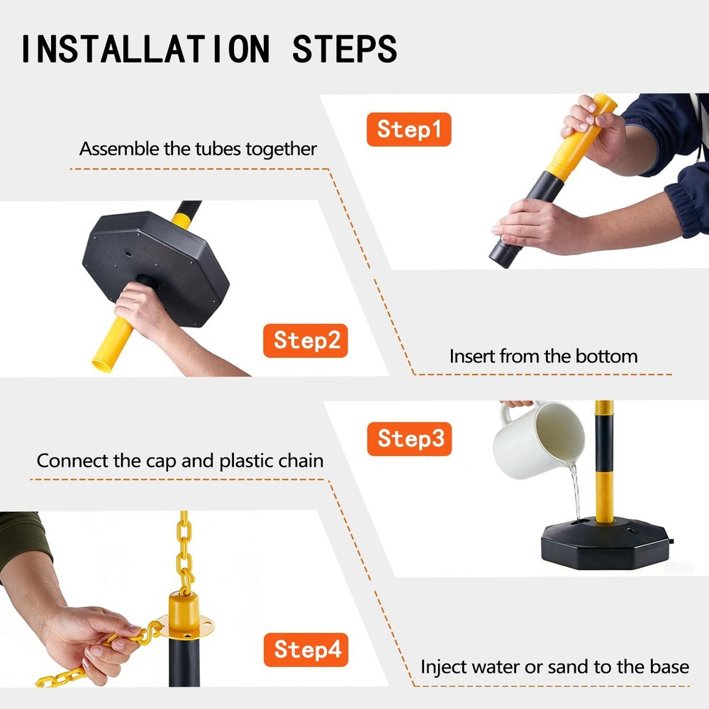 12Pack 34" Yellow Black Delineator Posts Fillable Base With Chain Safety Barrier