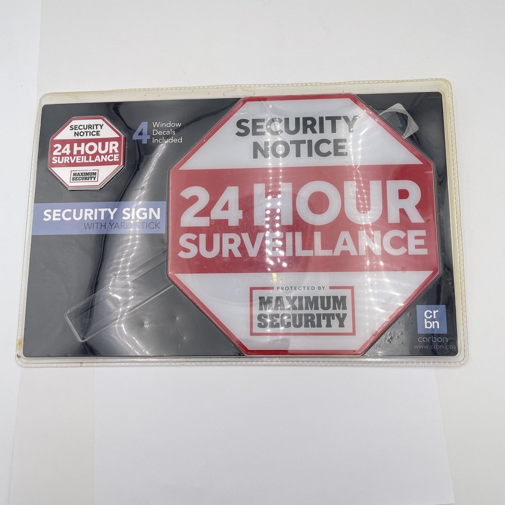 Security Yard Sign 24 Hour Surveillance Maximum Security w/ Stake & 4 Window Dec