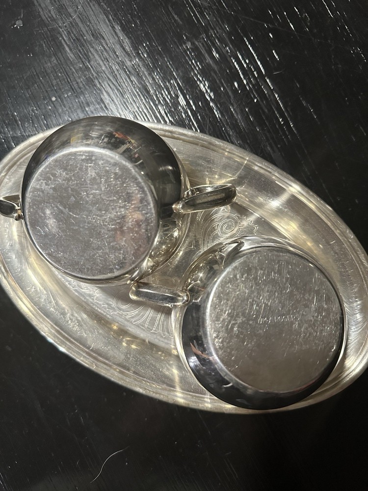 WM A. ROGERS Silverplate Creamer, Sugar Bowl & Tray Set Engraved Tableware