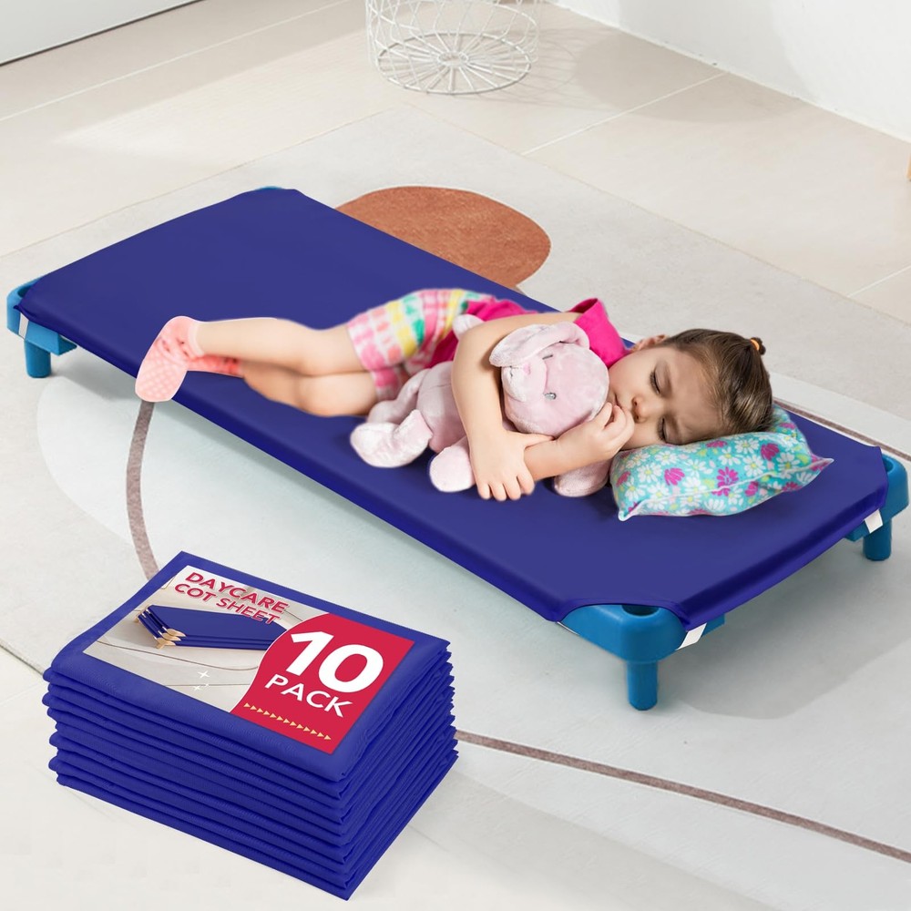 10 Pcs Cot Sheets for Daycare, 23 x 51, Blue Microfiber with Corner Elastic