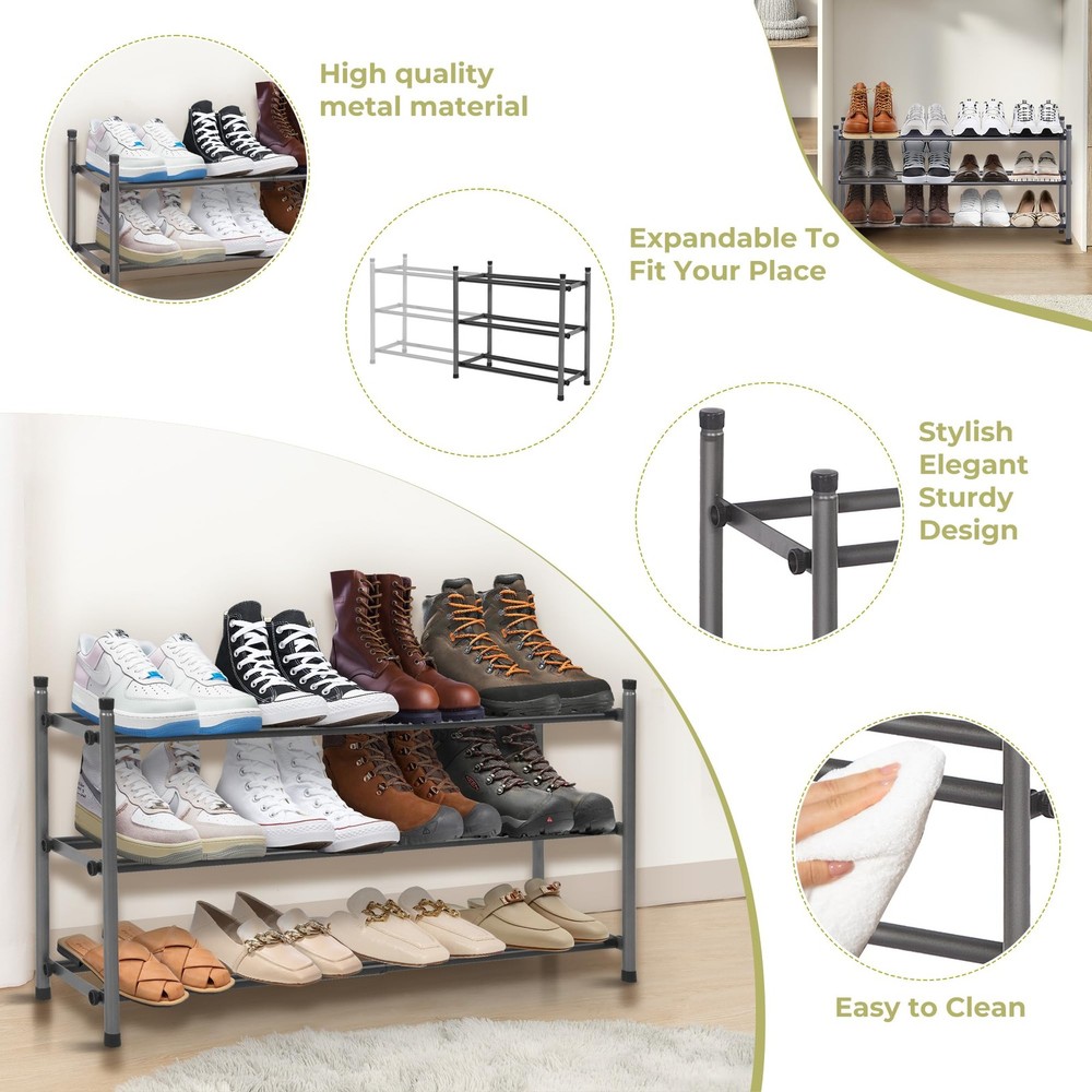 3-Tier Expandable Shoe Rack for Closet & Entryway, Adjustable 18"-33" Stackab...
