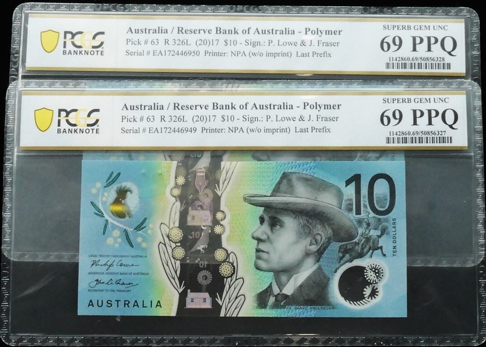 Consecutive Pair 2017 Last Prefix EA17 Lowe Fraser $10 Banknotes PCGS 69 PPQ ...