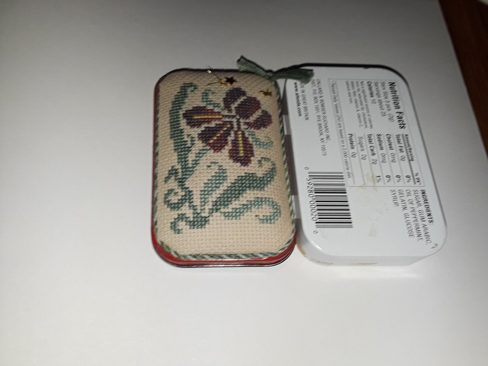 COMPLETED CROSS STITCH "IRIS" FLOWER NEEDLE CASE ALTOID'S TIN