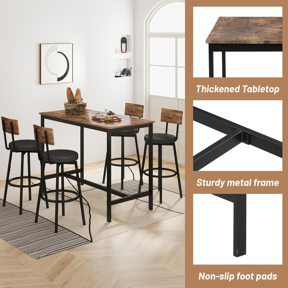5-Piece Dining Table Set, Bar Table Set for 4, Kitchen Table and Chairs, Coun...