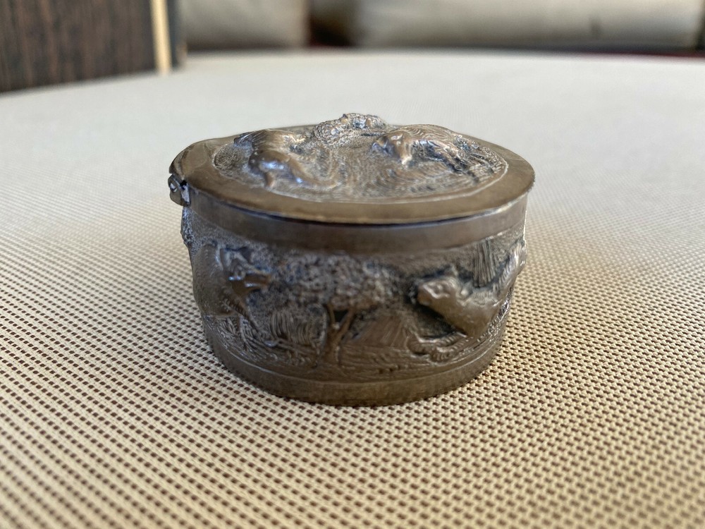 Antique Repousse Silverwork Trinket Patch Box Animals Trees Round Handmade