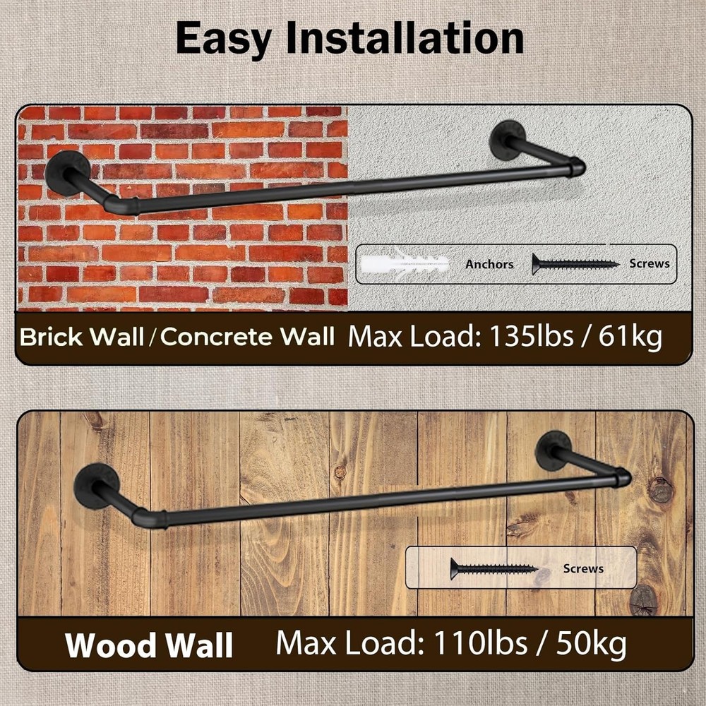 Space-Saving Industrial Pipe Clothing Rack - Easy Assembly, 130 lbs Capacity