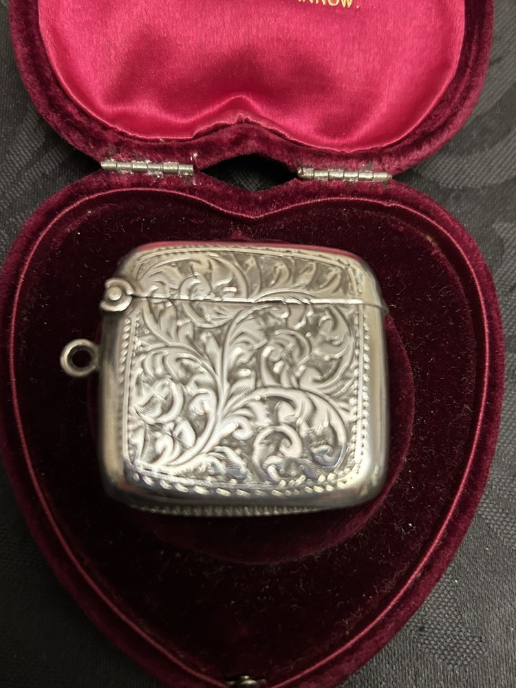 antique solid silver vesta box initials HR