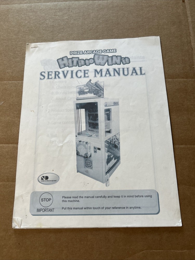 Original  Hit It To Win It Arcade game manual