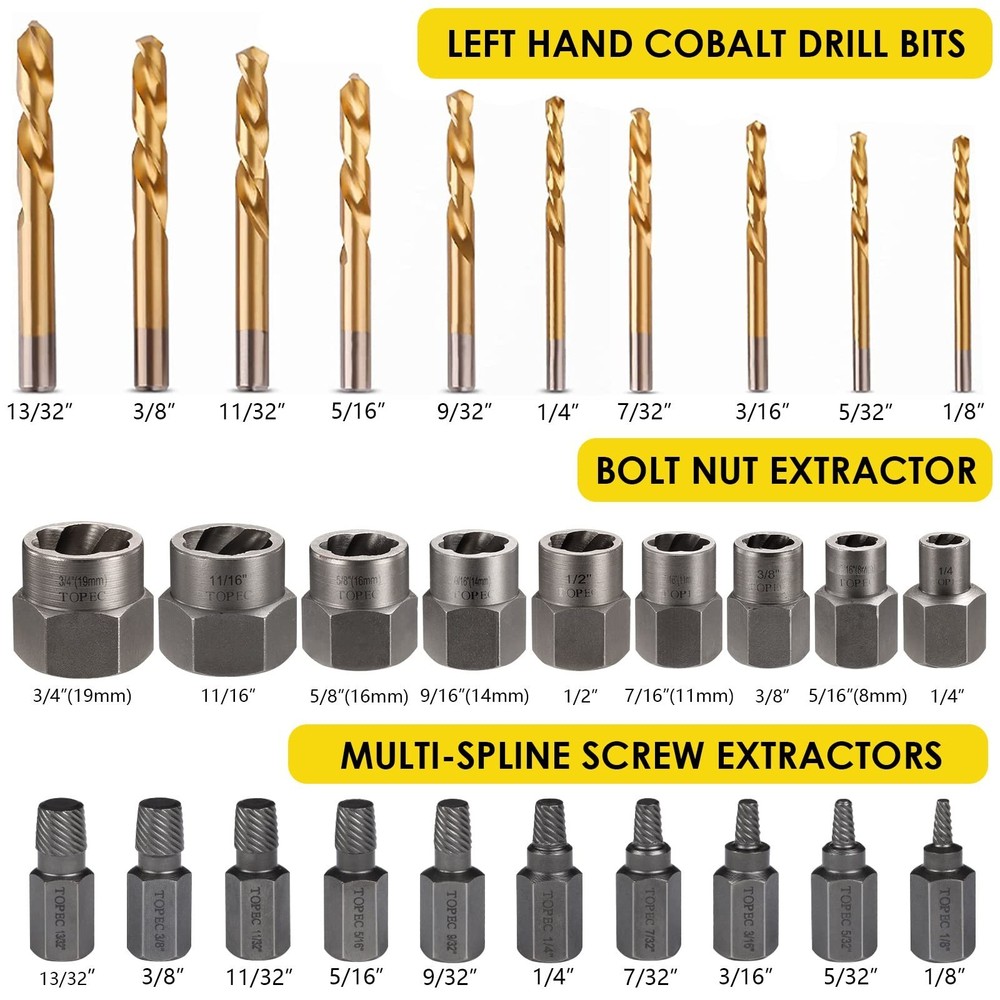 Topec Bolt Extractor Kit, 29 Piece Screw Extractor and Left Hand Drill Bit Se...