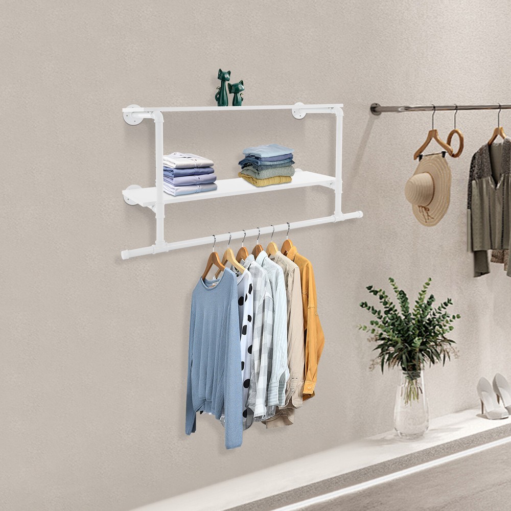 Clothes Display Rack with 2-tier Shelves 2-tier Wall Mounted Garment Rack