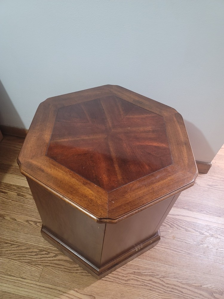 Mid-Century Hexagonal Drum Wood Side End Table With Storage