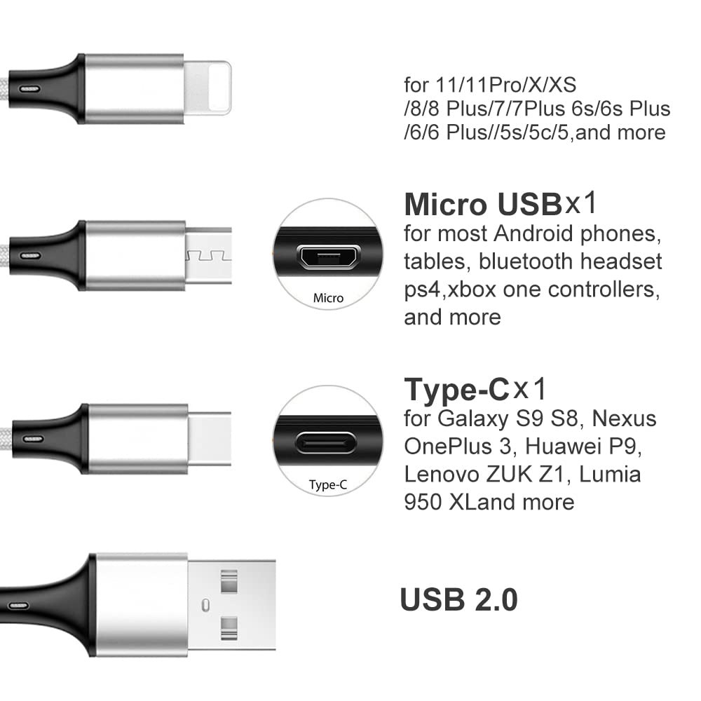 Multi Charging Cable, 10ft 2Pack Phone Charger Cable 10 feet, Silver