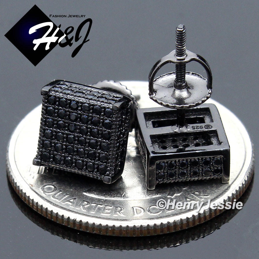 MEN 925 STERLING SILVER ICY CZ BLACK PLATED 8MM 3D SQUARE STUD EARRING*BBE149
