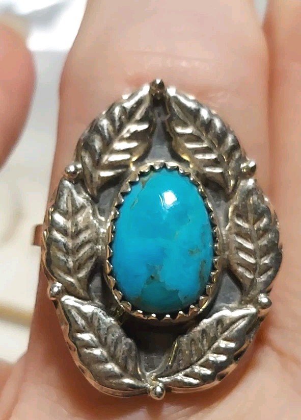 New Sterling Silver & Kingman Turquoise Adjustable Ring with Leaf Design