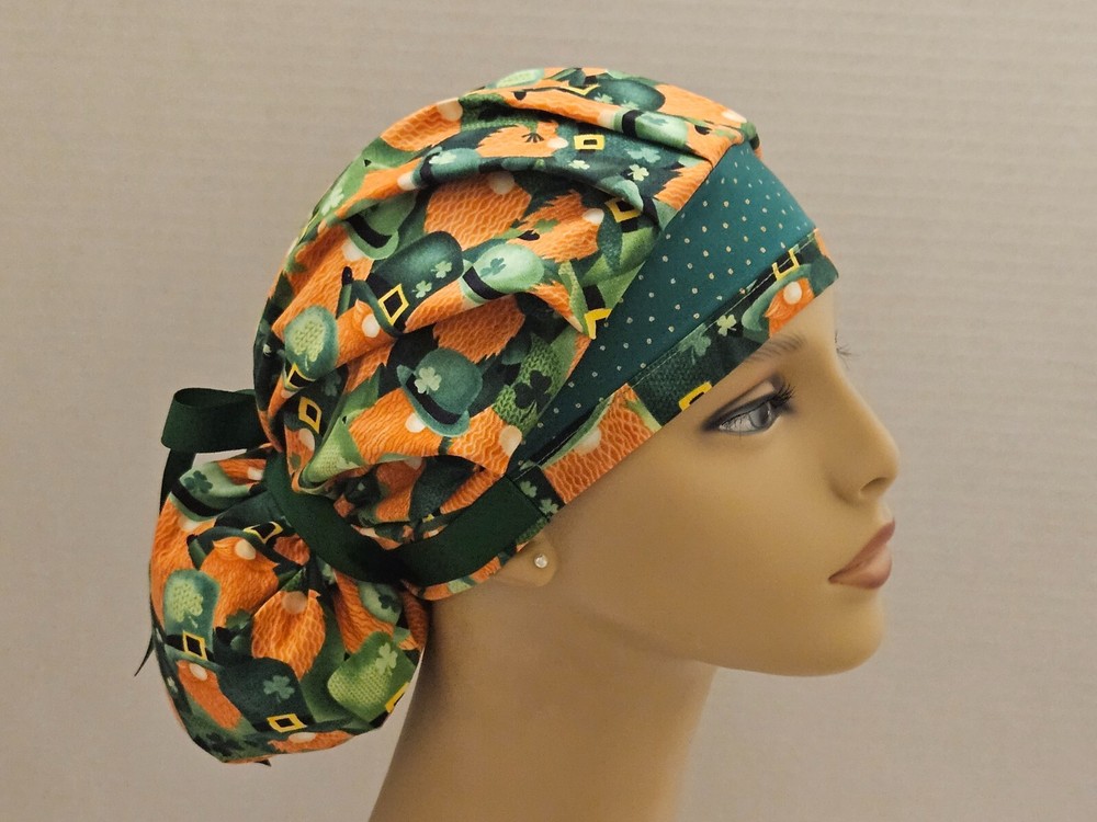 Bouffant/Ponytail Scrub Hat - St. Patrick's Gnomes