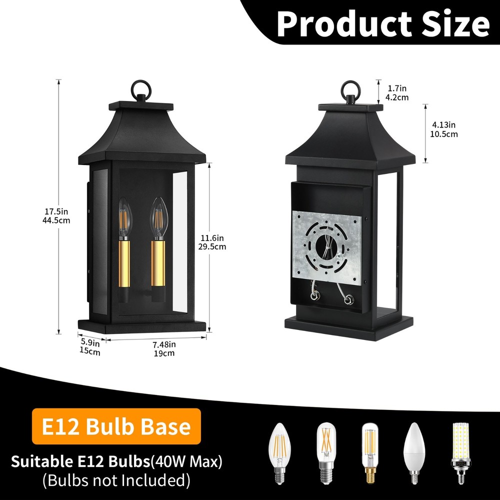 1-Pack 17.5 in. 2-Light Black Outdoor Wall Lanterns