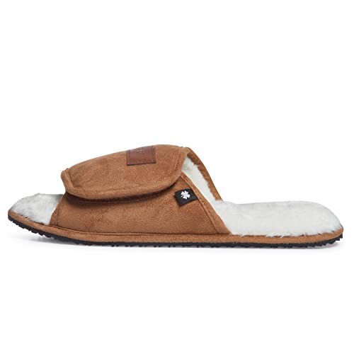Mens Microsuede Memory Foam Open Toe Slippers, Cool Adjustable Large Tan/White