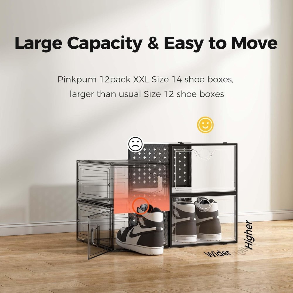 XXL Shoe Storage Box Fit for Size 14, Clear Plastic Stackable Shoe Organizer ...