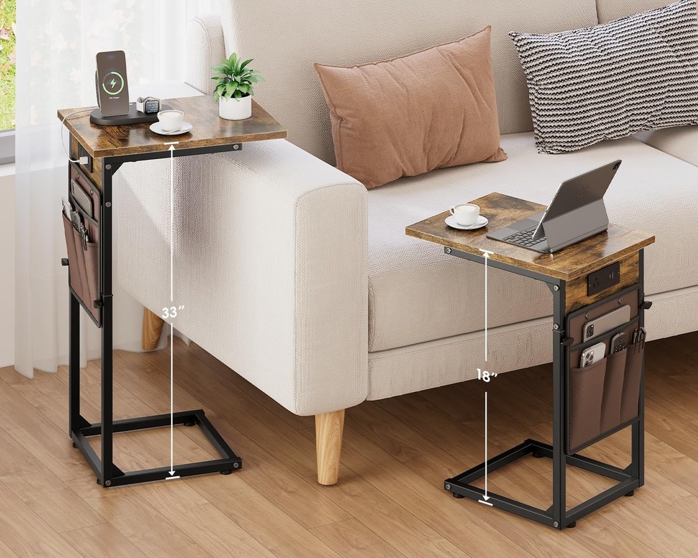C Shaped End Table W/ Charging Station Adjustable Height Side Table Couch Small