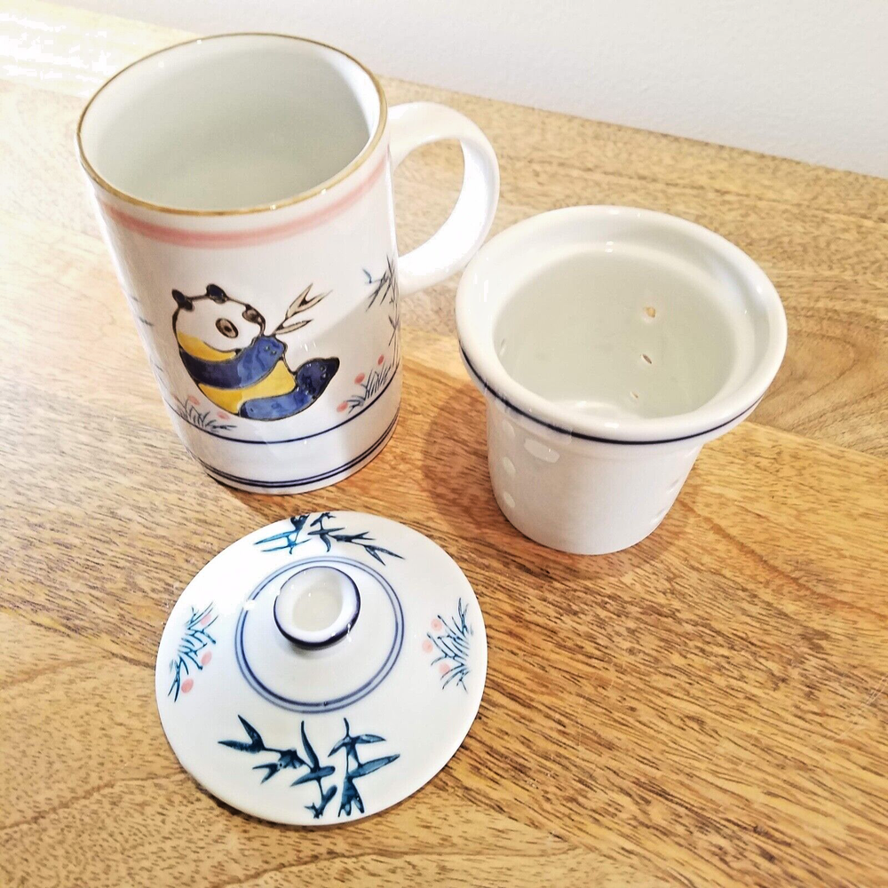 Blue Moon Panda Bear Lidded Tea Infuser Mug Cup Lid Ceramic Teacup Pot Maker