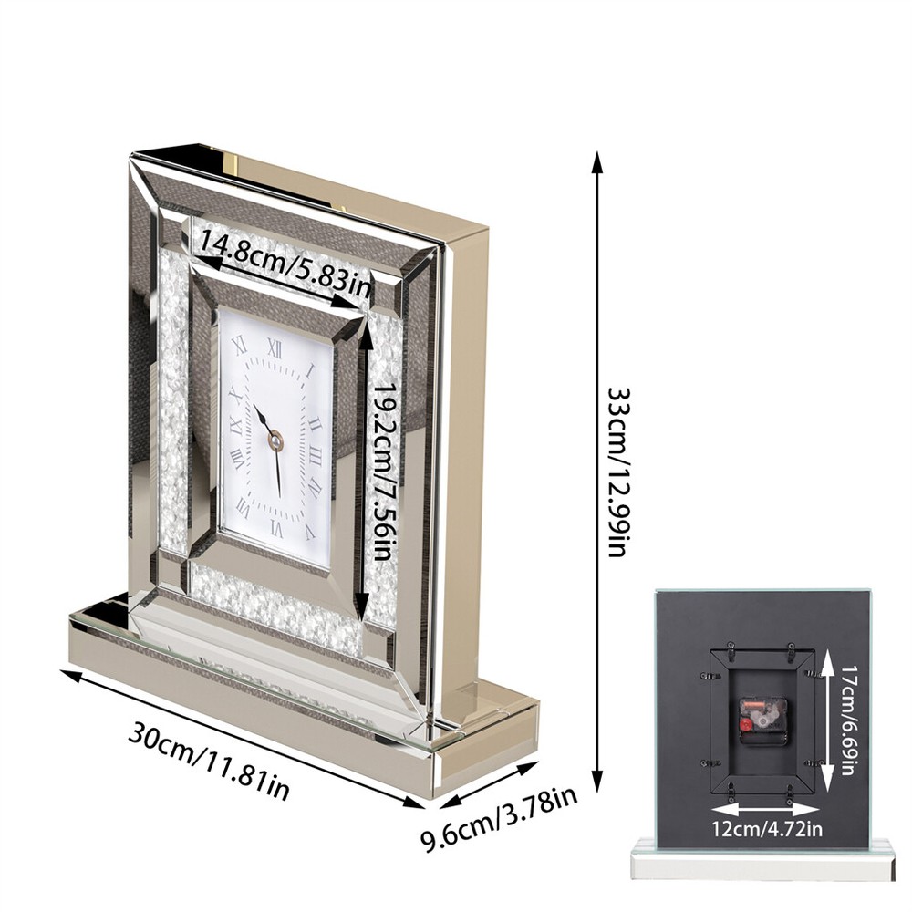 High-end Mirrored Desk Clock Crushed Diamond Table Clock Silver Glass Edge Frame