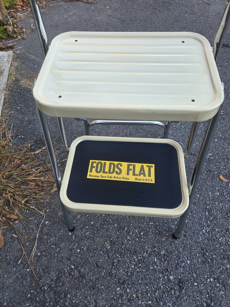 Vintage 1960s Folding Two Step Stool Chrome & Beige