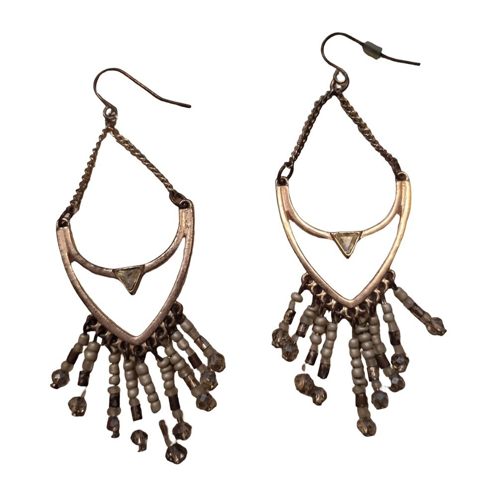 Boho Silver-Tone Dangle Earrings with White Bead Fringe