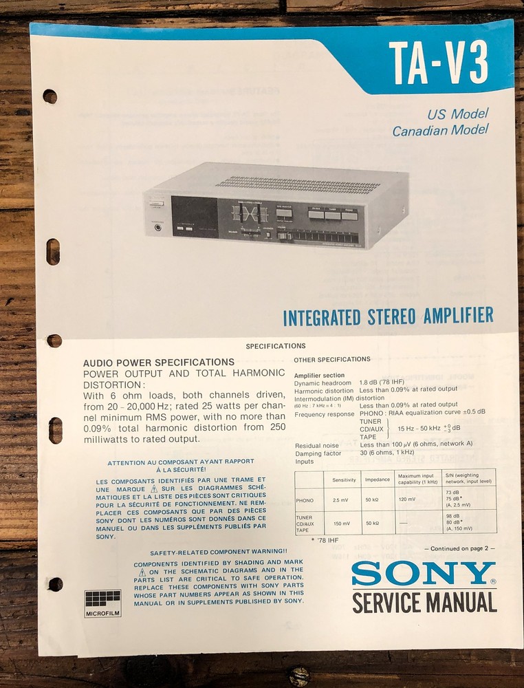 Sony TA-V3 Amplifier Service Manual *Original*