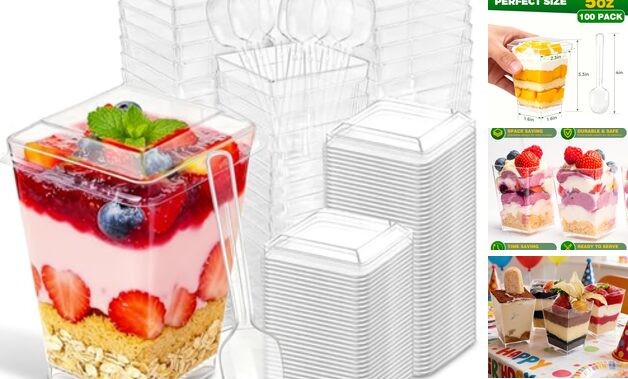 100 Pack 5 oz Plastic Dessert Cups with Lids and Spoons, Clear Disposable