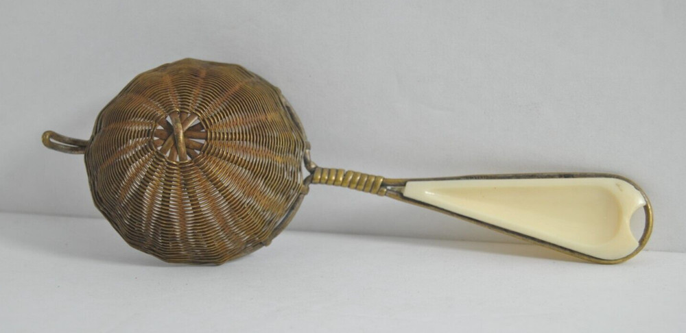Vintage Tea Strainer Handwoven Brass White Handle Maple Leaf Design 6" by 2"