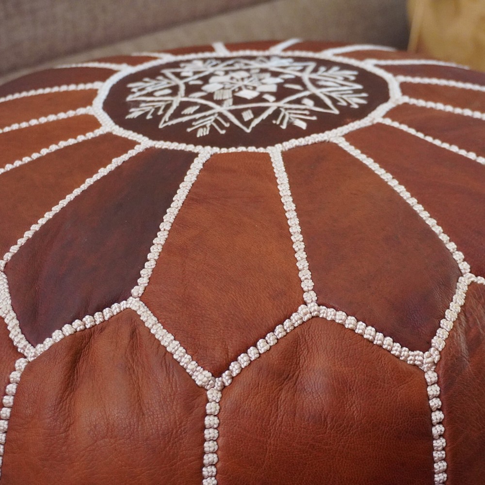 Moroccan Handcrafted Leather Pouf, handmade leather pouf, brown pouf