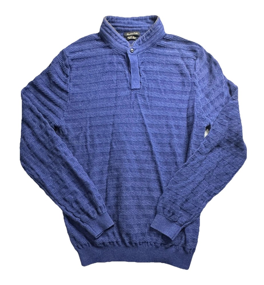 Massimo Dutti Sweater Mens Medium Blue Cotton Textured Pullover Button Collar