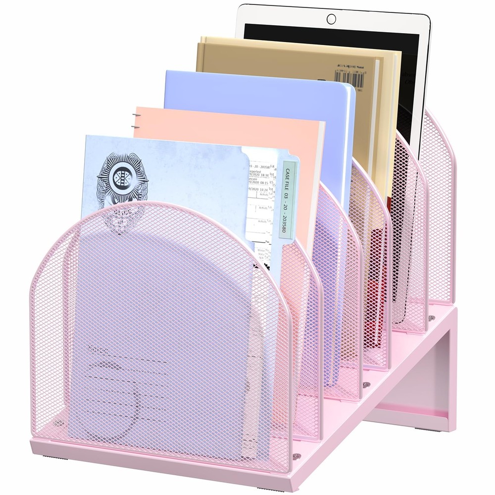 5 Section Desk File Organizer Metal Mesh Folder Documents Mail Pink