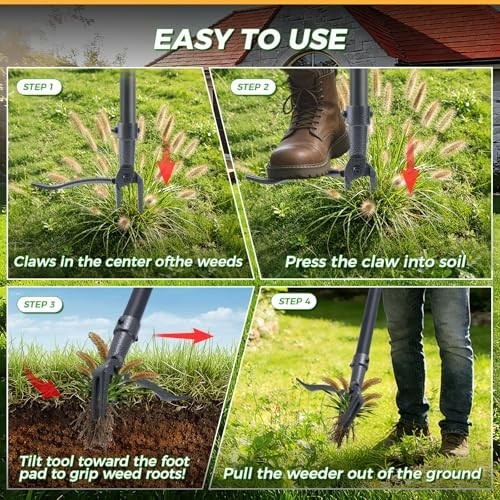 Stand Up Weed Puller Tool - 46" Adjustable Steel Handle & 4-Claw Head, Easy Weed