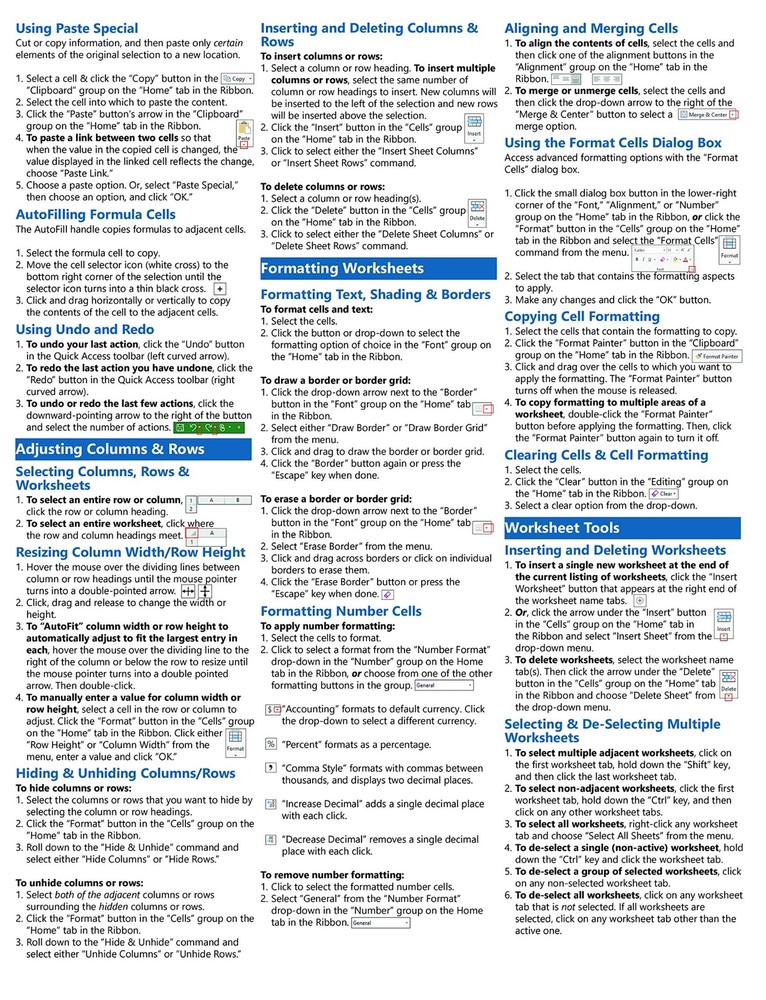 Excel 2019 Training Guide Quick Reference Card 4 Page Cheat Sheet Instructions