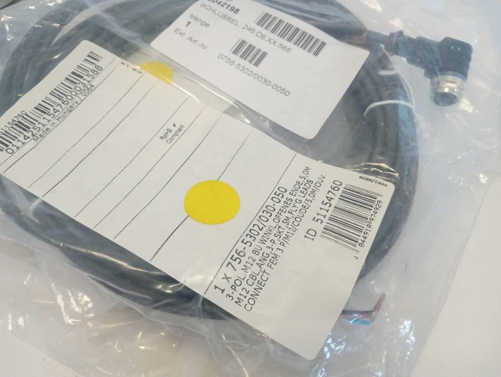 WAGO 756-5302-0030-0050 Sensor/Actuator cable; M12A socket; angled; 3-pole