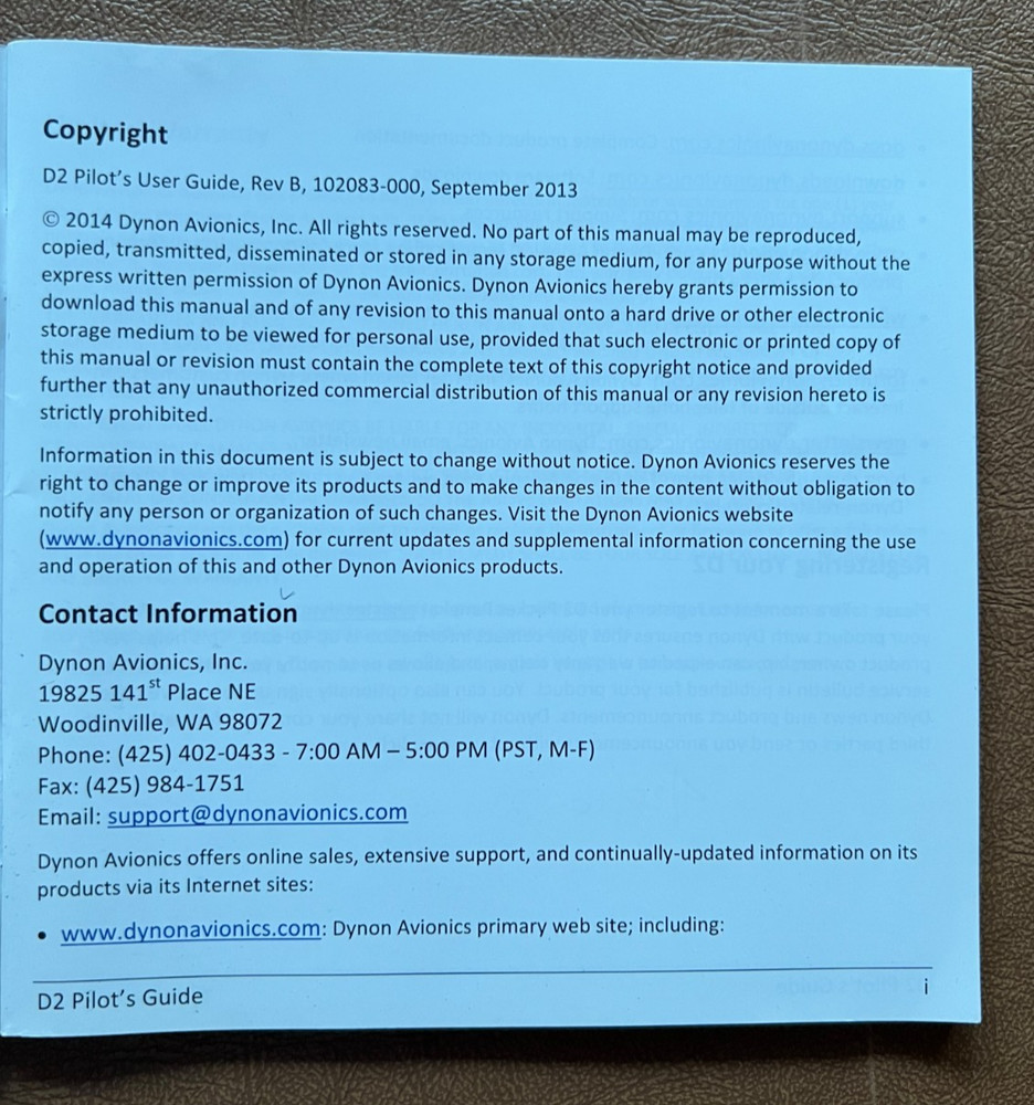 2013 Dynon Avionics D2 Pocket Panel EFIS WiFi - Pilot's Guide (guide book only)