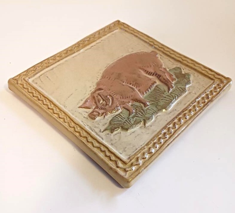 Pig 6x6 ceramic tile, handmade, hand painted, multicolor, notch to hang